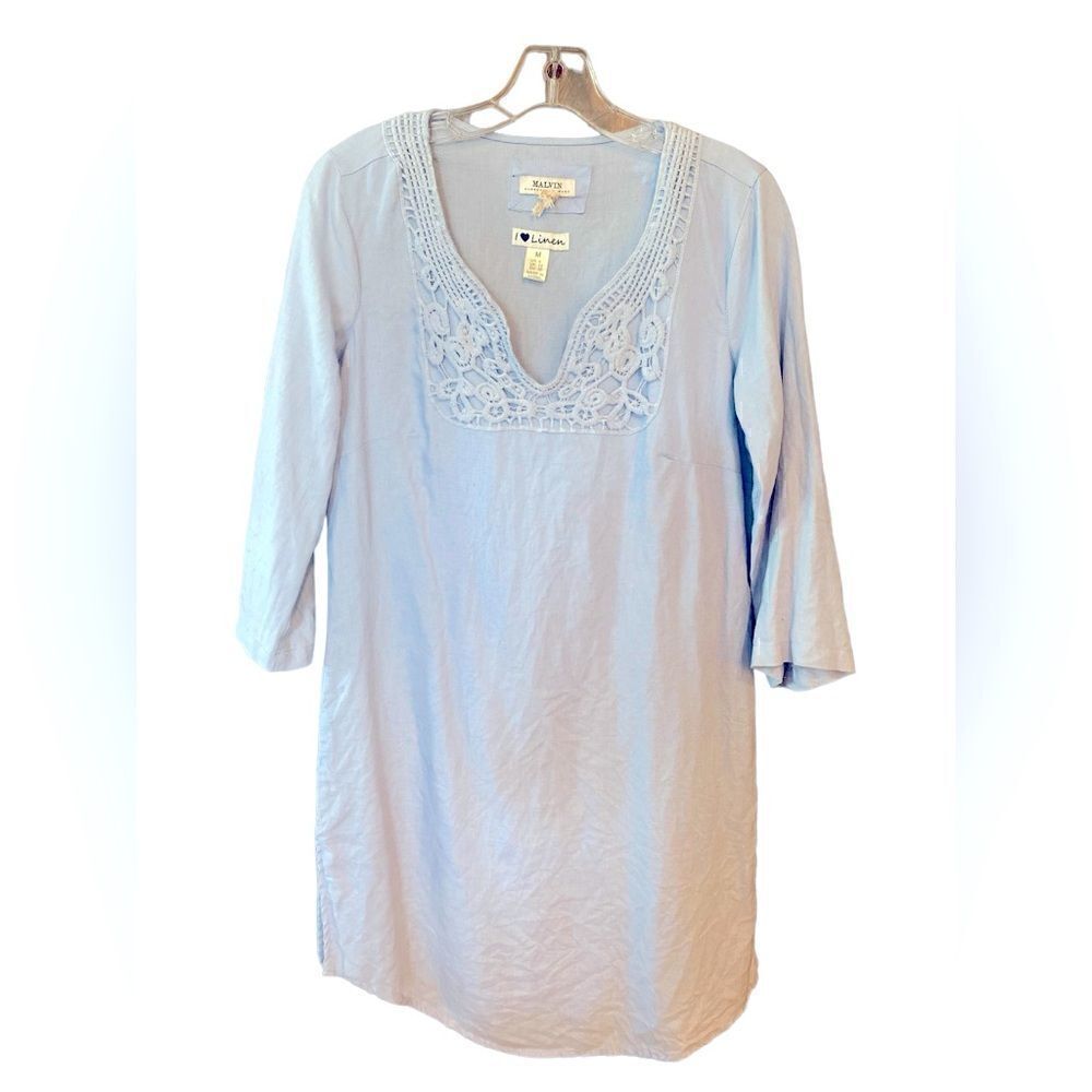 Malvin Sz M Light Blue Linen V-Neck 3/4 Sleeve Summer Everyday Dress